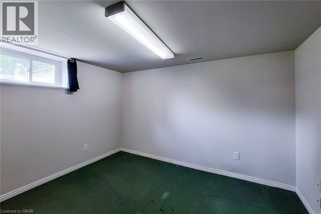 Lower-level room featuring a window with exterior visibility, overhead fluorescent lighting, white baseboards, and green carpeting - 66 Cline Avenue Unit# Main Floor, Hamilton, ON - Indoor Photo Showing Other Room