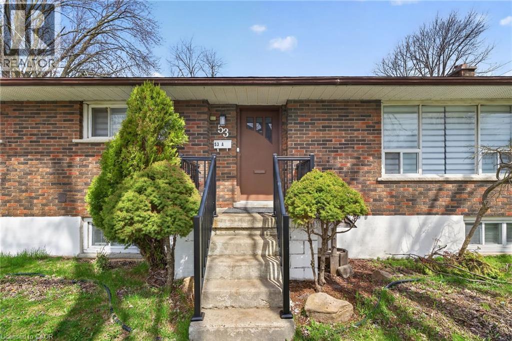 Brick facade home featuring a concrete entryway with black metal railings, a brown front door, and a mature evergreen shrub - 53 Nicklin Crescent, Guelph, ON - Outdoor