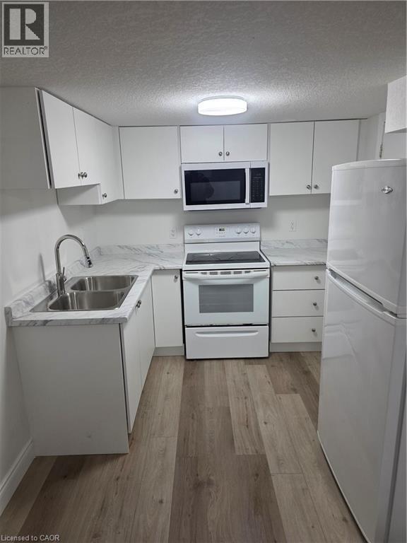 Modern kitchen featuring white cabinetry, a double basin stainless steel sink with a high-arc faucet, and wood-finish flooring - 22 Montrose Avenue, Kitchener, ON - Indoor Photo Showing Kitchen With Double Sink