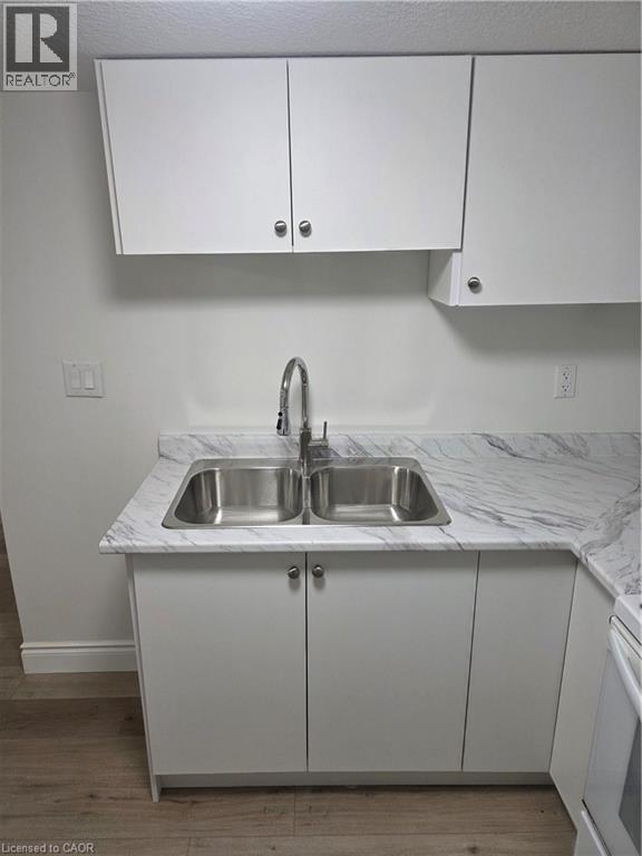 Kitchen sink area featuring a dual-basin stainless steel sink, a chrome gooseneck faucet, white upper and lower cabinetry - 22 Montrose Avenue, Kitchener, ON - Indoor Photo Showing Kitchen With Double Sink