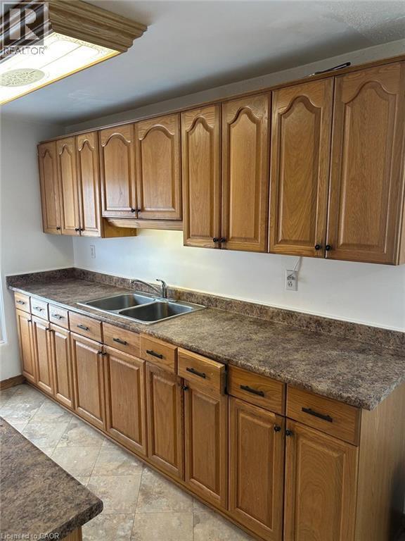 Kitchen featuring extensive wood cabinetry with dark hardware, a double-basin stainless steel sink, and speckled countertops - 744 Parkview Crescent, Cambridge, ON - Indoor Photo Showing Kitchen With Double Sink