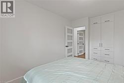 Contemporary bedroom featuring a built-in wardrobe with multiple drawers and cabinet storage, modern interior doors with frosted glass panels, and light-colored walls - 