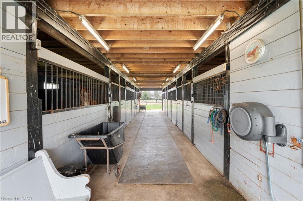 Multi-stall barn interior featuring exposed wood beam ceiling and concrete flooring - 2223 Hall Road, Binbrook, ON - Indoor Photo Showing Other Room
