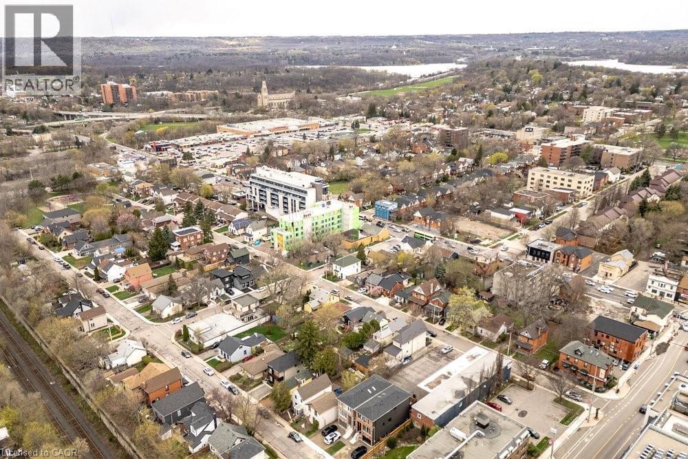 Aerial perspective showcasing a residential neighborhood with diverse housing styles - 128 Canada Street, Hamilton, ON - Outdoor With View