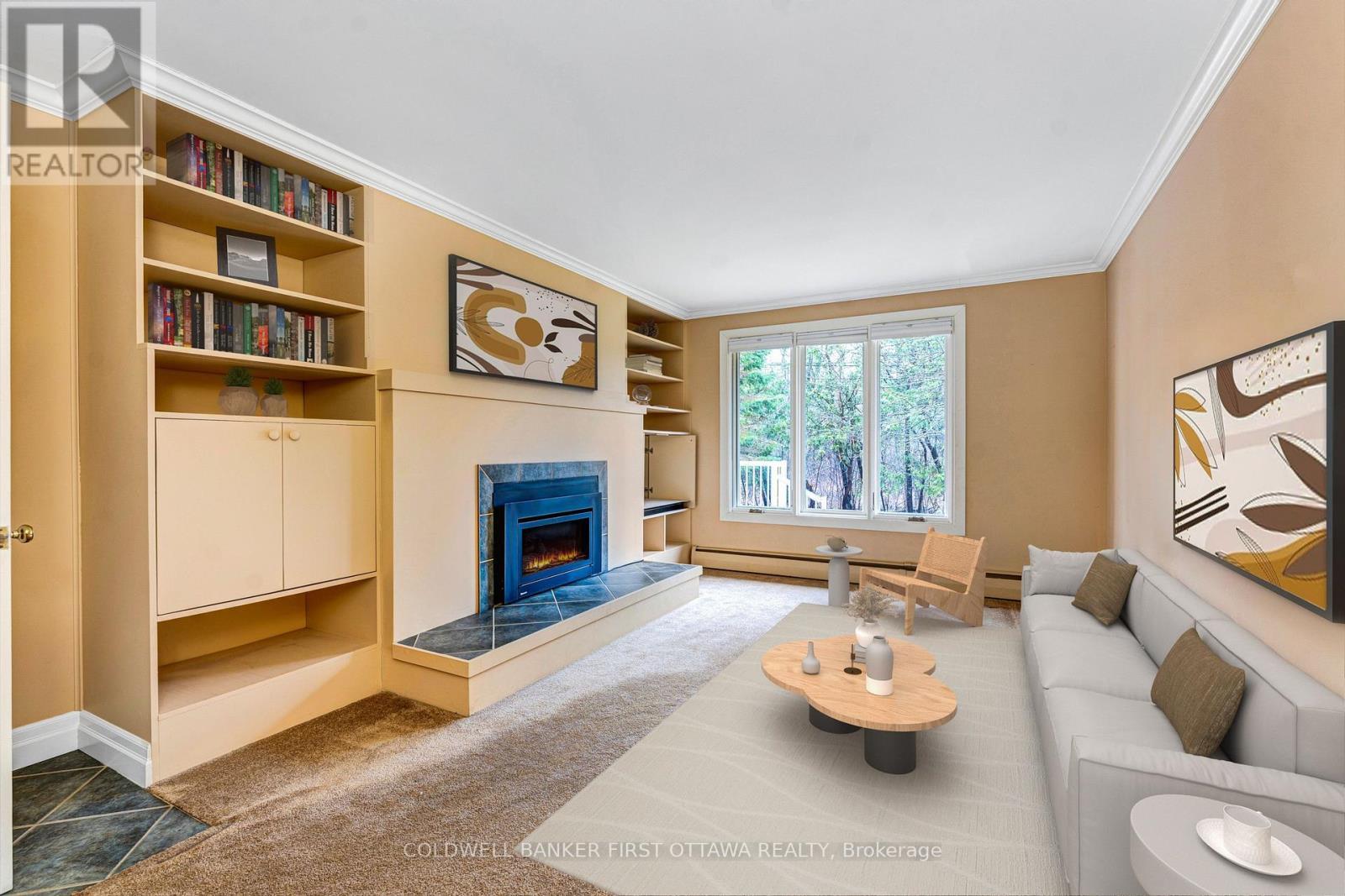 Familyroom fireplace with gas insert (AI staging) - 12 Glenview Crescent, Perth, ON - Indoor Photo Showing Living Room With Fireplace