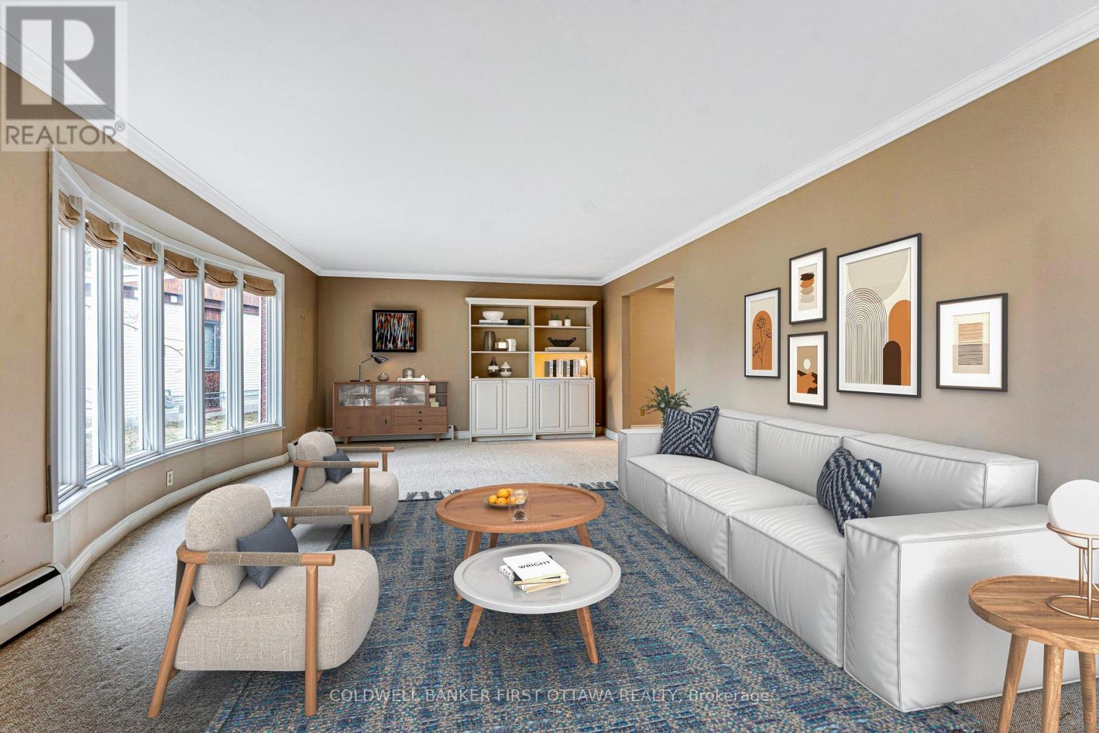 Generous living room full of light. (AI staging) - 12 Glenview Crescent, Perth, ON - Indoor Photo Showing Living Room