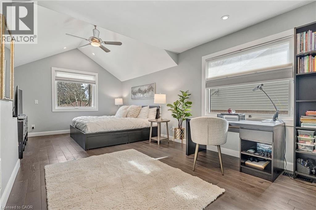 Vaulted ceiling bedroom featuring wood-finish flooring and recessed lighting - 2123 Deyncourt Drive, Burlington, ON - Indoor Photo Showing Bedroom