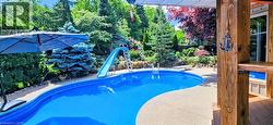 Outdoor swimming pool with a curved edge and integrated slide -