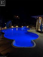 Freeform swimming pool with integrated lighting, surrounding concrete patio, and a built-in slide -