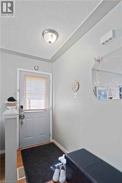 Entryway featuring a light gray door with frosted glass window, wood-finish flooring, and a flush-mount ceiling light fixture - 179 Vancouver Street, London, ON - Indoor Photo Showing Other Room