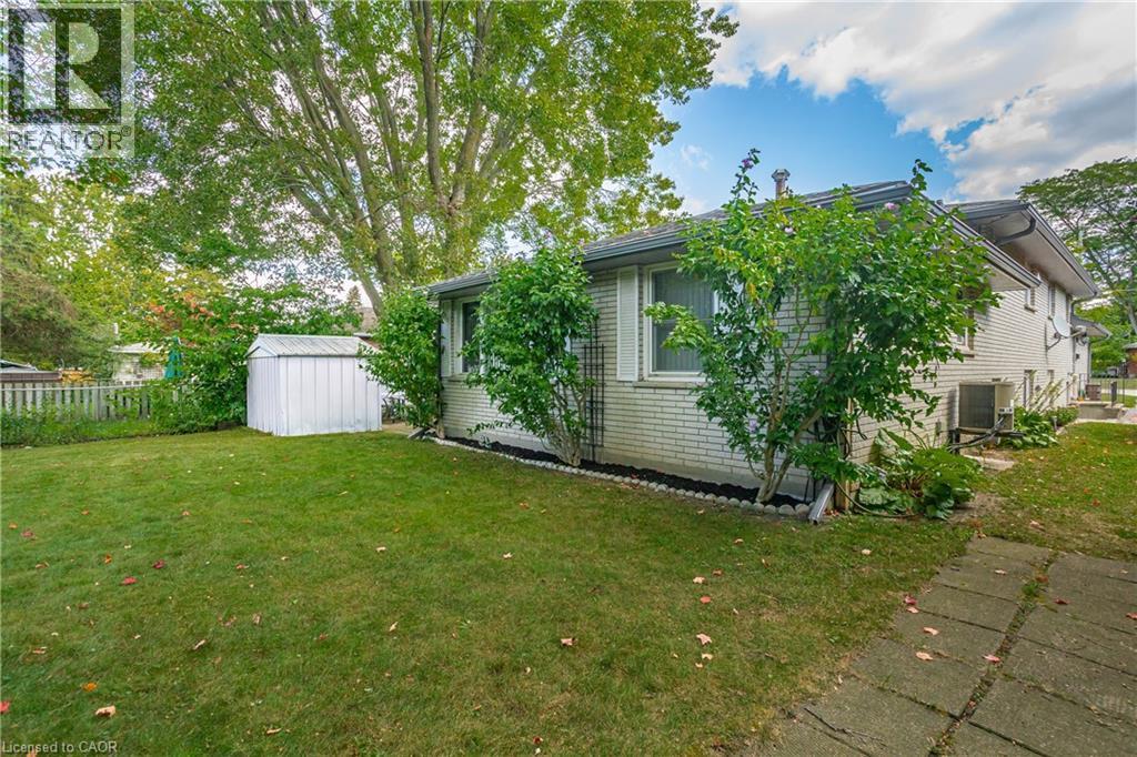 Expansive side yard featuring a manicured lawn, established mature trees, and a white storage shed - 179 Vancouver Street, London, ON - Outdoor