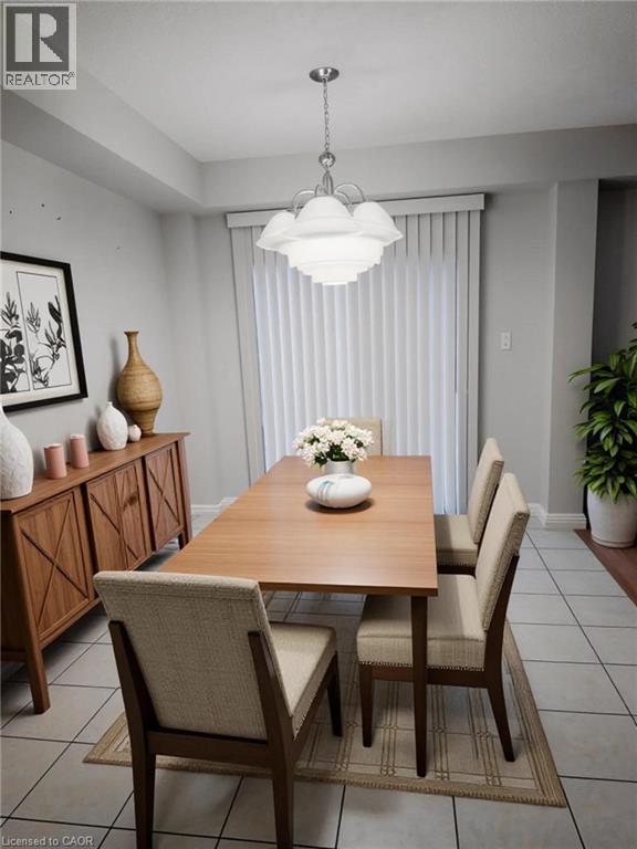 Dining area featuring a contemporary tiered chandelier, ceramic tile flooring, and a built-in wooden sideboard with cross-detail doors. Virtually staged. - 569 Activa Avenue, Kitchener, ON - Indoor Photo Showing Dining Room