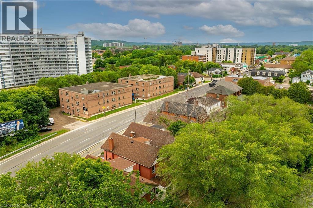 Urban landscape featuring a paved roadway flanked by mature trees and various architectural styles, including multi-story residential buildings and commercial structures - 738 King Street W, Hamilton, ON - Outdoor With View
