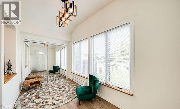 Entryway featuring wood-finish flooring, a contemporary ceiling light fixture, large windows, and a mirrored wall - 43 Adair Avenue S, Hamilton, ON - Indoor Photo Showing Other Room