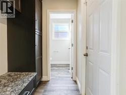 Hallway featuring wood-finish flooring, a white paneled door, and built-in cabinetry with a stone-finish countertop -