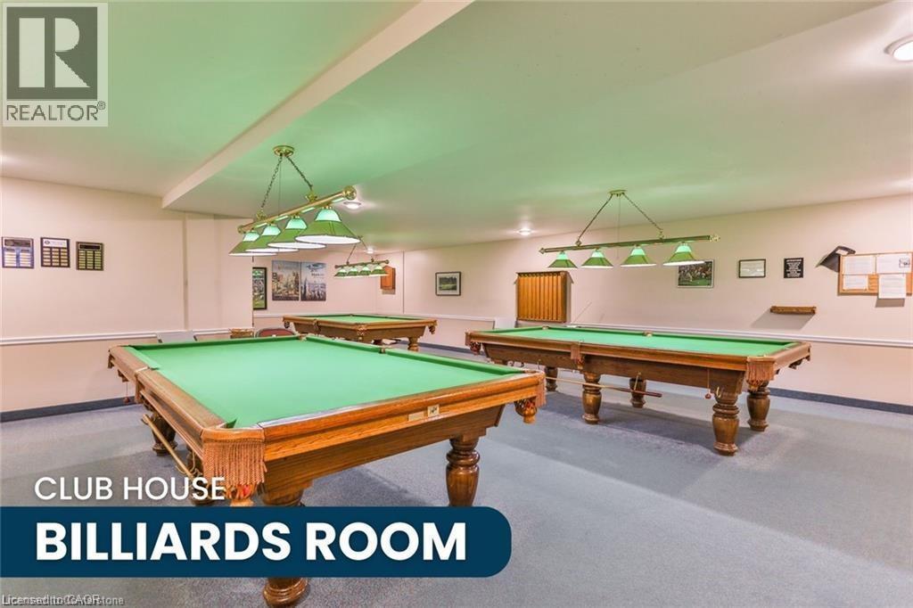 Dedicated billiards room featuring multiple billiard tables, overhead task lighting, wall-mounted display boards, and carpet flooring - 375 Silverbirch Boulevard, Hamilton, ON - Indoor Photo Showing Other Room