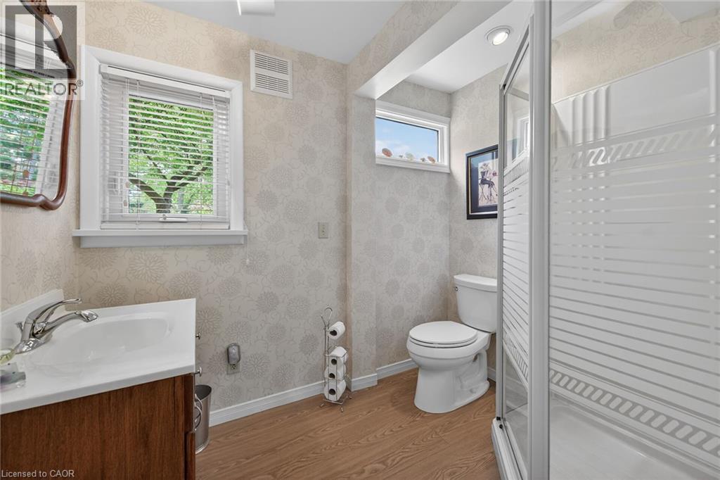 Bathroom featuring a walk-in shower with a frosted glass enclosure, a white vanity with a single basin sink, and wood-finish flooring - 2 Summit Circle, Simcoe, ON - Indoor Photo Showing Bathroom