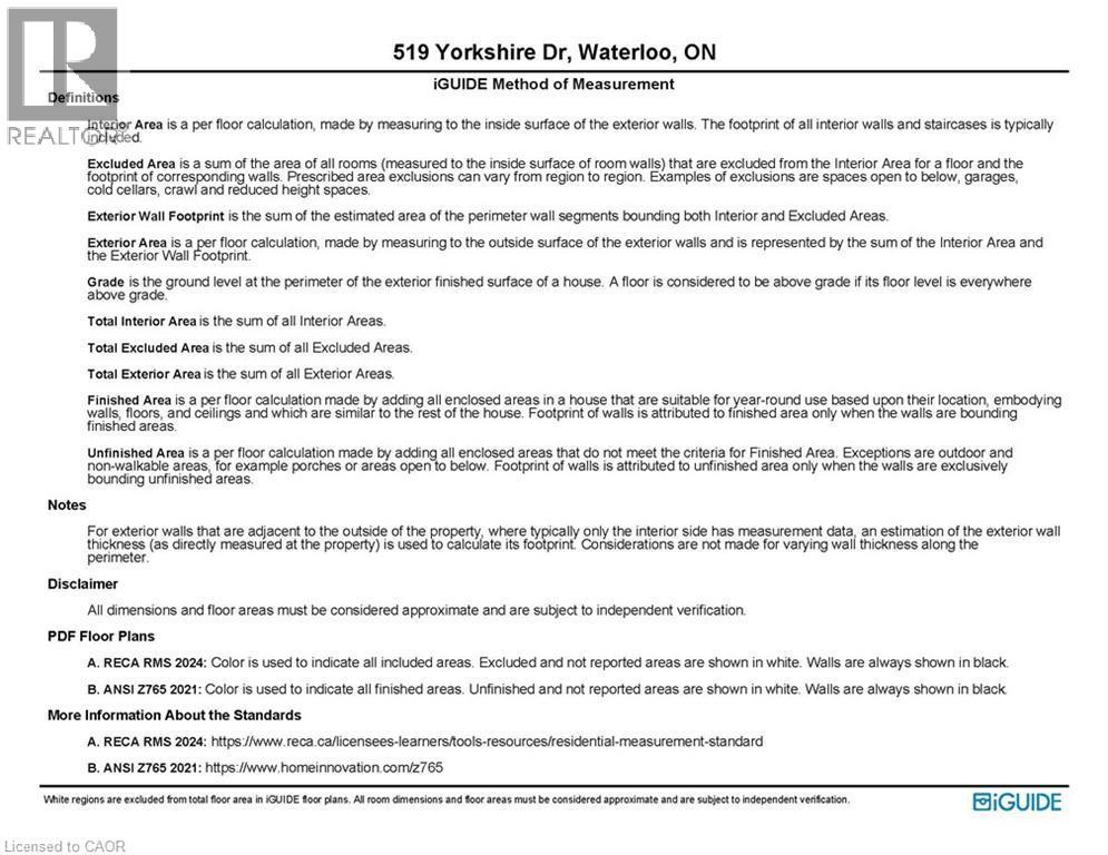 IGUIDE Method of Measurement. Detailing definitions, notes, disclaimer, and floor plan standards for the property - 519 Yorkshire Drive, Waterloo, ON - Other