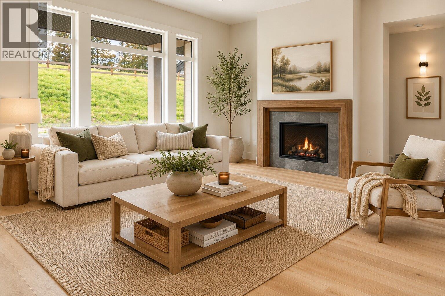 *This photo has been virtually staged - 2125 Montenegro Drive, Kelowna, BC - Indoor Photo Showing Living Room With Fireplace