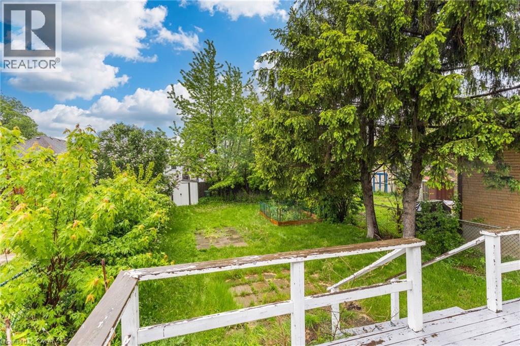 Expansive backyard featuring a lush lawn, mature trees, and a visible storage shed - 46 East 16Th Street, Hamilton, ON - Outdoor