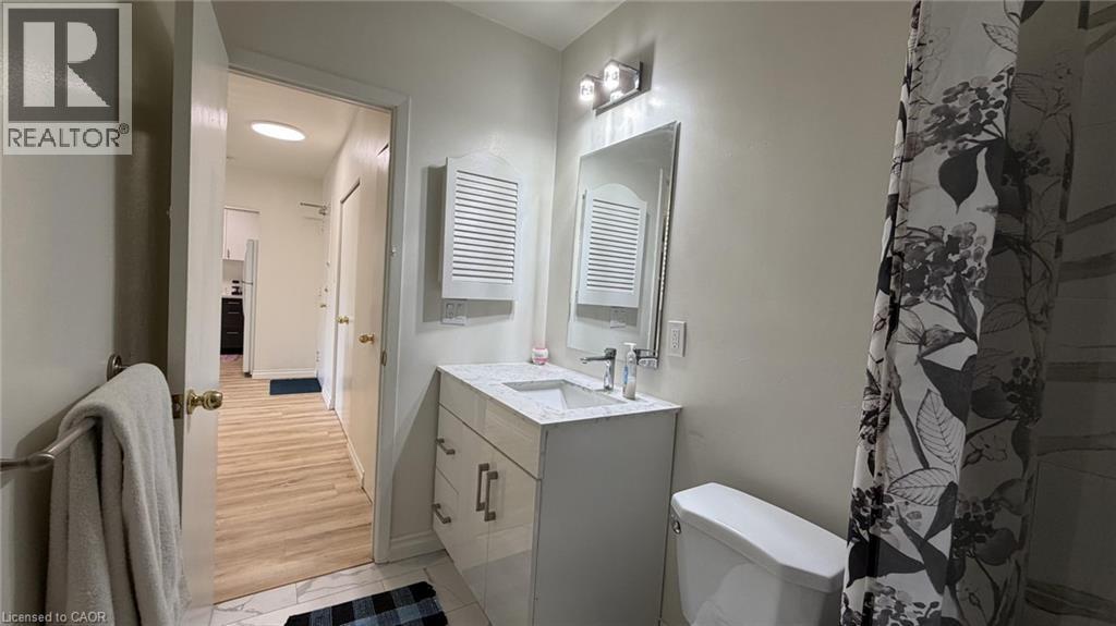Bathroom featuring a vanity with a light-toned countertop, a rectangular mirror, and an overhead three-bulb light fixture - 206 Indian Road, Kitchener, ON - Indoor Photo Showing Bathroom