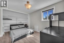 Recessed built-in shelving, wood-finish flooring, and a contemporary light fixture -