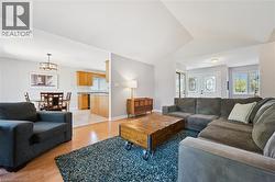 Living room featuring wood-finish flooring and a vaulted ceiling -