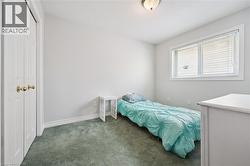 Room with light gray walls, a window featuring white blinds, and green carpeting -