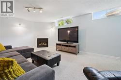 Carpeted living space featuring an inset fireplace, track lighting, and two transom windows -