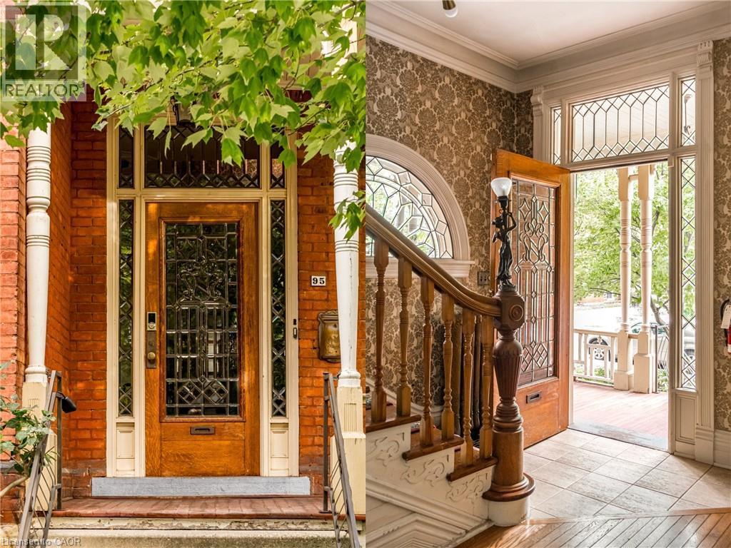 Brick facade with a substantial wood-finish entry door, featuring a decorative glass insert and sidelights - 95-97 S Fairholt Road S, Hamilton, ON - Indoor Photo Showing Other Room