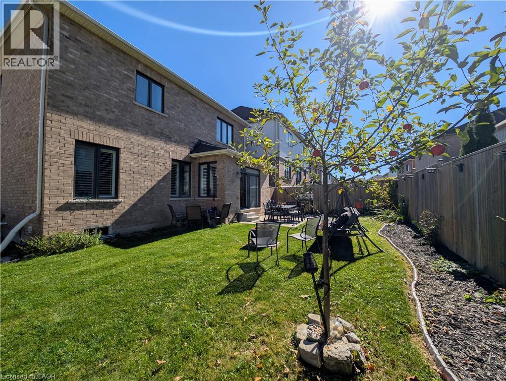 Expansive green lawn featuring a young fruit tree, a defined mulch bed, and a full wood fence - 37 Mull Avenue, Caledonia, ON - Outdoor