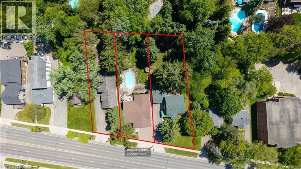 Aerial view of a residential property featuring extensive tree coverage, a brown-roofed structure, and a visible swimming pool - 391 Erb Street, Waterloo, ON