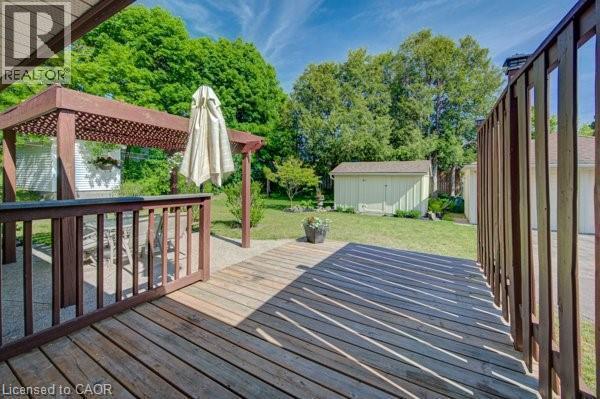 Spacious outdoor deck area featuring wood-finish decking and a complementary wood pergola - 251 Union Street E, Waterloo, ON