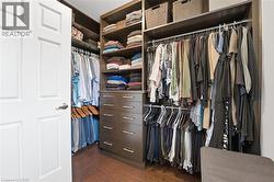 Walk in closet with dark wood finished floors -