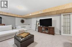 Carpeted living area with a textured ceiling and a wood stove -