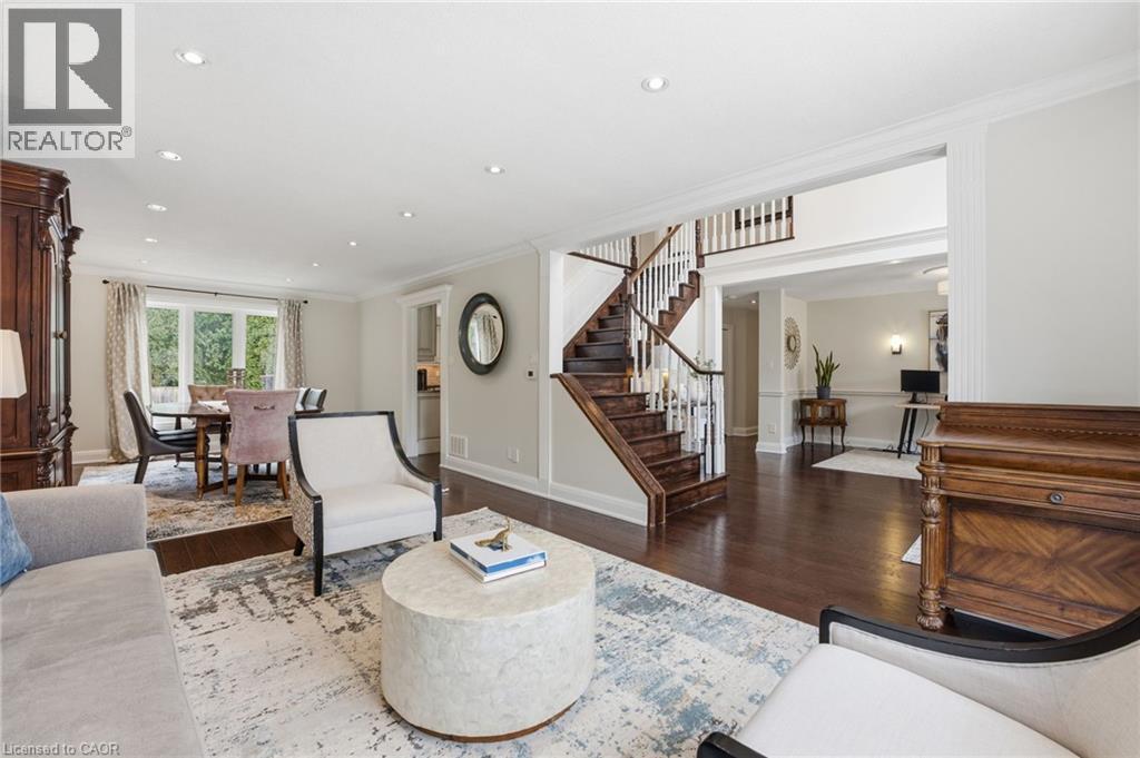 Living area featuring ornamental molding, recessed lighting, and dark wood-style flooring - 28 Deerview Avenue, Ancaster, ON