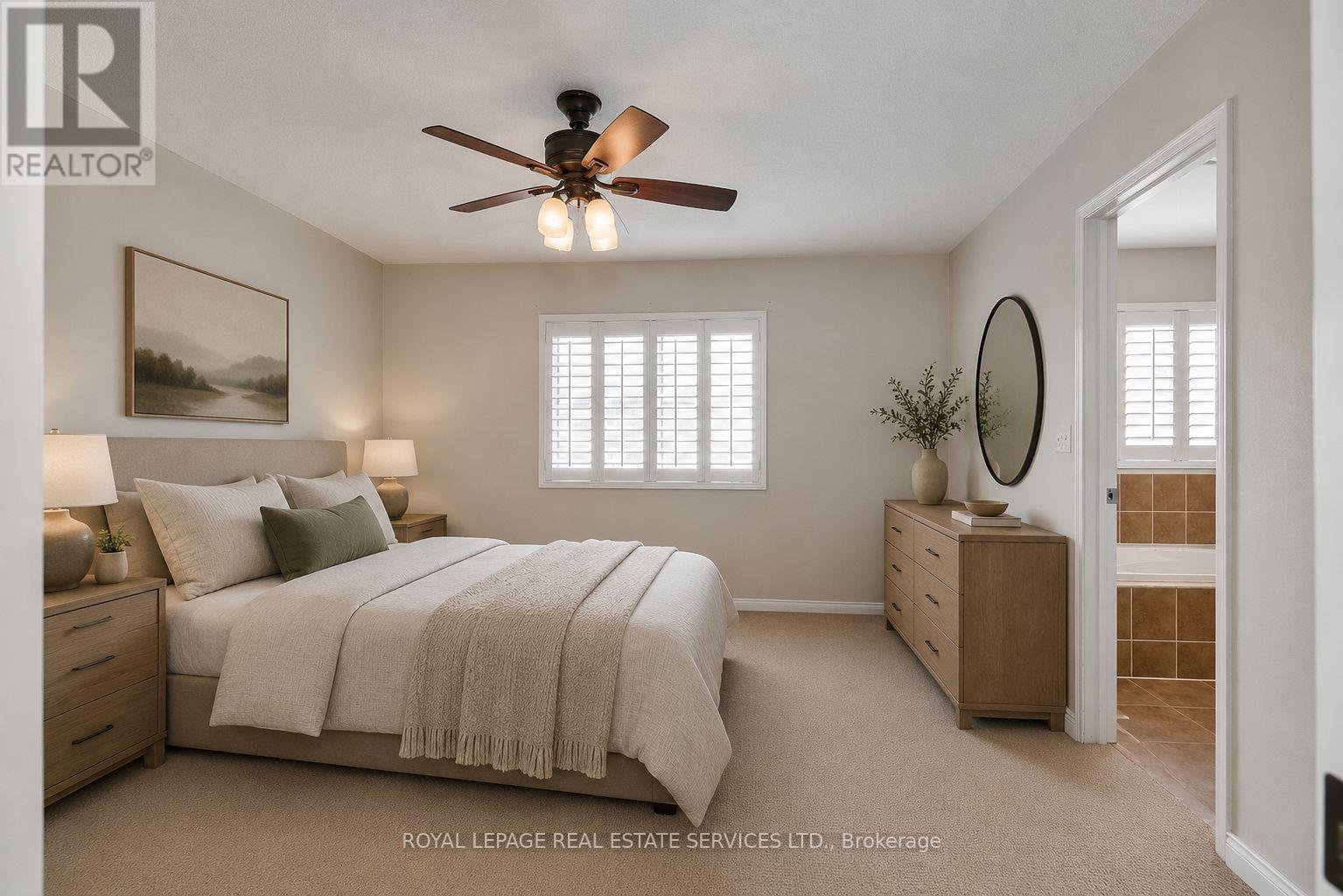 Virtually Staged - Primary Bedroom w/4-PC Ensuite - 3221 Sharp Road, Burlington, ON - Indoor Photo Showing Bedroom