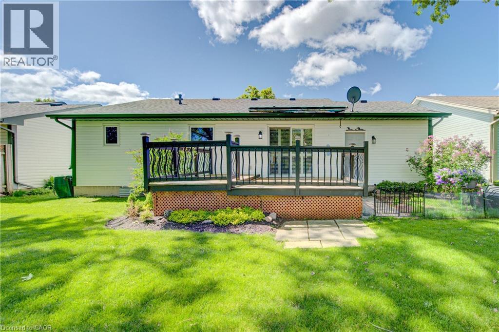 Spacious backyard featuring a raised wood deck with black railings, a manicured lawn, and mature plantings - 137 Wesley Crescent, Waterloo, ON