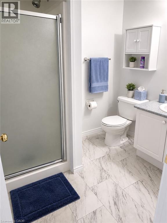 Full bathroom featuring a walk-in shower with a frosted glass enclosure, a white toilet, a white vanity with a light gray countertop, and white wall-mounted cabinetry - 390 Wake Robin Crescent, Kitchener, ON - Indoor Photo Showing Bathroom