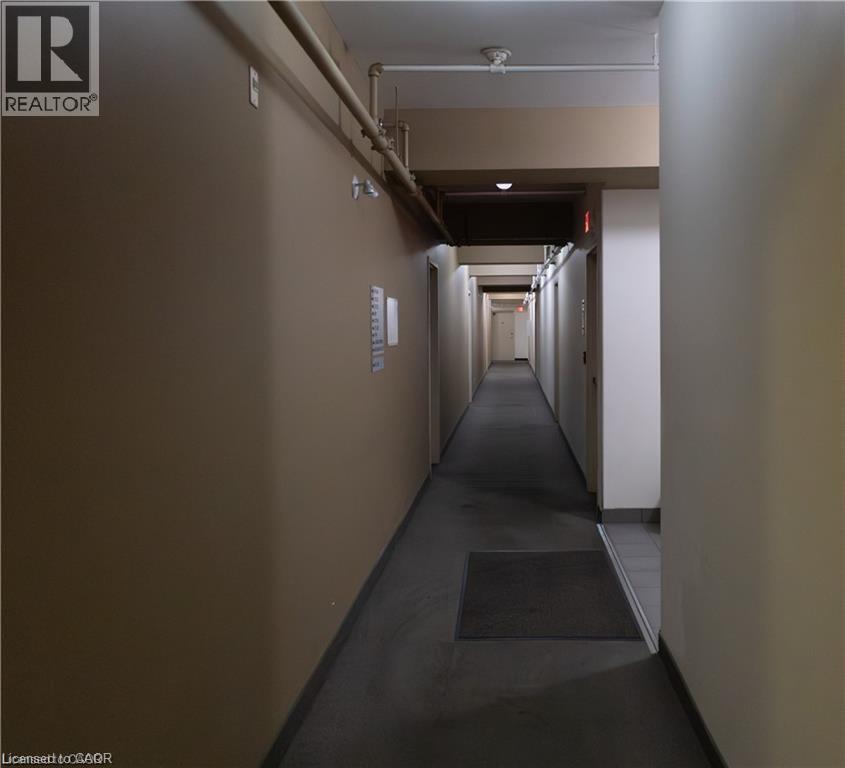 Hallway with neutral wall paint, overhead lighting, and dark carpet flooring - 365 Colborne Street, Brantford, ON