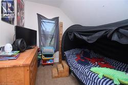 Attic room featuring an angled ceiling, a single window with dark mesh covering, light-colored walls, and carpet flooring -