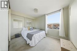 Bedroom featuring a large window, light-toned walls, and wall-to-wall carpeting -