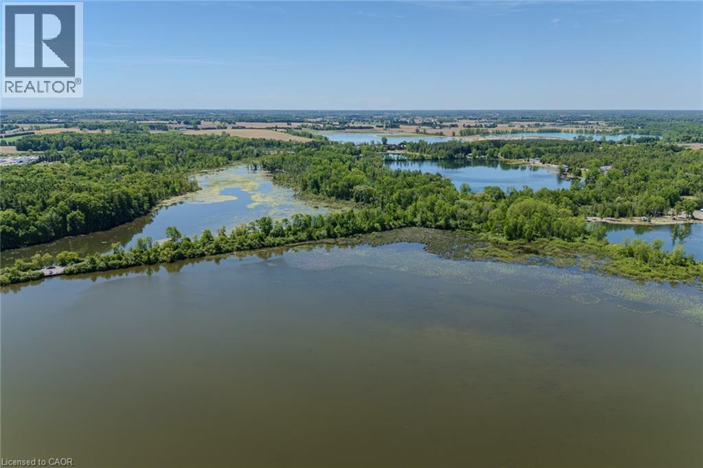 Expansive water body with surrounding mature tree lines and distant land formations under a clear sky - 15 Winterberry Lane, Waterford, ON