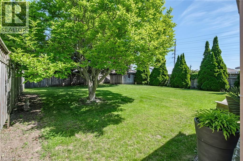 Expansive backyard featuring a manicured lawn, established shade tree, mature evergreen shrubs, and wood privacy fencing - 141 Lynndale Road, Simcoe, ON