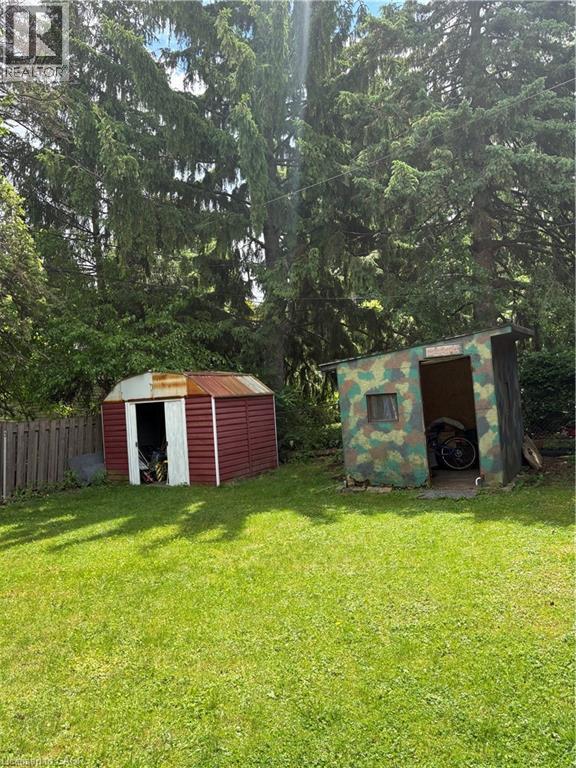Expansive lawn area featuring a red utility shed with a metal roof and a second storage shed with a camouflage pattern and a small window - 82 Blackwood Crescent, Hamilton, ON