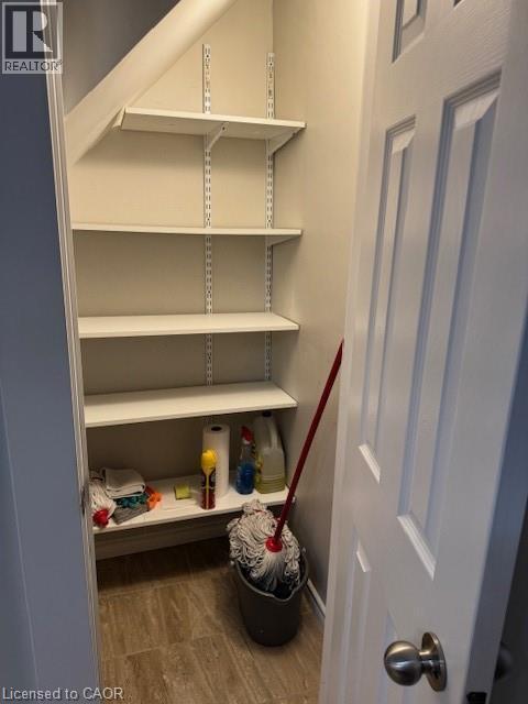 Under-stair storage closet featuring adjustable shelving, wood-finish flooring, and a paneled door with a brushed nickel knob - 113 Cornerbrook Crescent Unit# 2, Waterloo, ON
