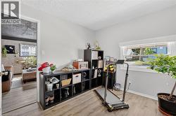 Light-filled interior space featuring wood-finish flooring, a large window, and light gray wall paint -
