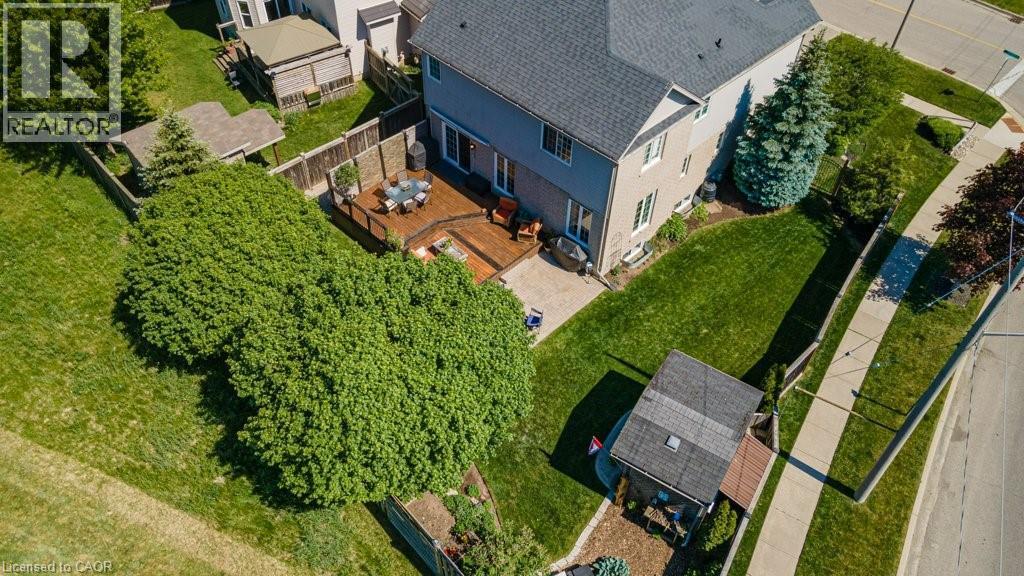 Rear exterior featuring a multi-level wood deck, expansive green lawn, and mature perimeter trees - 61 Ditner Avenue, Baden, ON - Outdoor With View