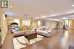 Living room featuring wood finished floors and recessed lighting -