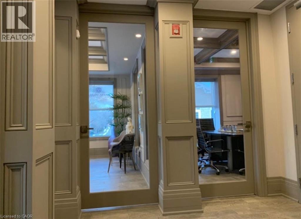 Frosted glass panel doors set within paneled columns, opening to distinct interior spaces - 385 E Wilson Street E Unit# 201, Ancaster, ON